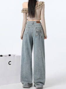 High Waist Wide Leg Blue Jeans Womens Skinny Version Butterfly Knot Denim Pants Spring Autumn Cotton Material Straight Cut