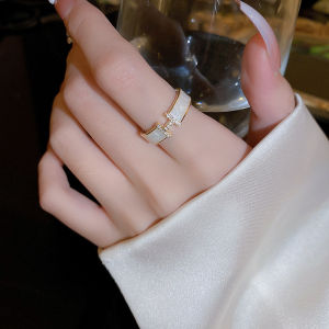 BESFOME Non Tarnish 18K Gold Plated Fashion Style Temperament Full Zircon Letter H Shell Edge Adjustable Open Ring