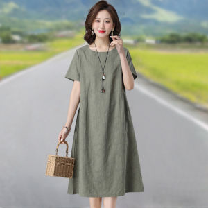 Casual Artistic Cotton Linen Midi Dress Women Summer Short Sleeve plus Size Slimming Tummy Covering Anti-Aging A-Line Dress