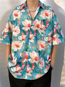 Hawaii Beach Shirt Mens Thin Ice Silk Summer Leisure Baggy Coat Trendy Handsome Stylish Flower Shirt
