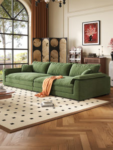 Government Subsidized Large Sofa Velvet Corduroy Ultra Wide Deep Seat Boat Style Green Fabric Couch Artistic Style Wooden Structure