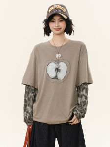 Áo Thun Dài Tay Sanowers Mùa Xuân Cho Nữ Dáng Rộng Giản Dị Thoải Mái Áo Thun in Họa Tiết camOUflage Vá Áo Thun Thường Ngày