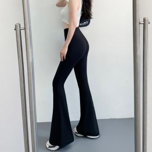 High Waist Fleece Lined Bell Bottom Pants Womens High Elasticity Slim Fit Extended Length Warmth Pure Color Grinding Velvet