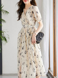 Versatile Waist-Cinching Short-Sleeve Chiffon Dress