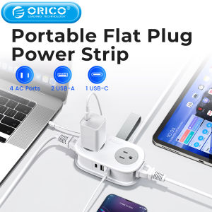 ORICO 7-in-1 Mini Power Strip with 3 USB-A Ports 4 AC Outlets Flat Plug Strip with 125cm Small Extension Cord for Cruise Travel Home Office [US Plug]