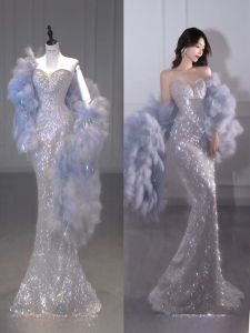 Flashy Evening Gown Feather Shawl Bridal Dress Engagement Party Womens Fashionable Long Tailcoat Style Polyester Dress