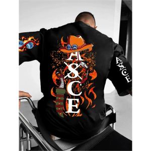 ONE PIECE Ace Joint Loose 2025 Summer Mens Plus Size T-shirt Street Trend Flame Pattern Animation Summer Mens Printed T-shirt