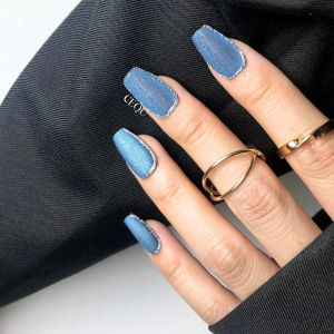 Mist Blue Silver Arc Frosted Handmade Wearable Nail Tips Silver Edge Pure Handmade Nail Art False Nails Tips Beauty Tools