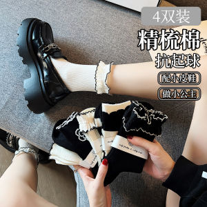 ถุงเท้าผู้หญิง JK ครึ่งแข้ง ลายดอกไม้สีขาว ทรงลูกไม้ ทรงเจ้าหญิง ถุงเท้าผ้าฝ้าย โพลีเอสเตอร์ ยางยืด 4 คู่