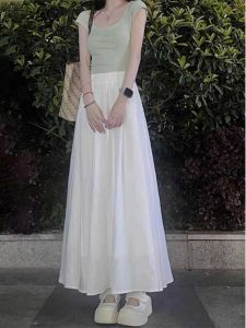 French Style High Waist A-Line Midi Skirt Womens Summer New Slimming Long White Half Skirt Draping Half Skirt Sweet Style