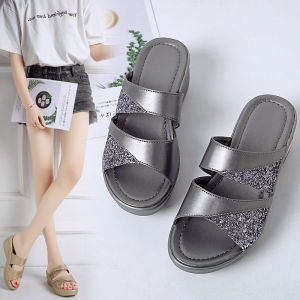 Best Sellers Ladies Peep Toe block Thick Casual Wedge Sandals Korean Fashion Slip On Shiny Mid-Heel Sandals For Women