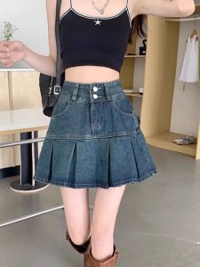 High Waist A-Line Mini Skirt Womens Denim Pleated Summer plus Size Belly Covering Slimming Design Short Skirts