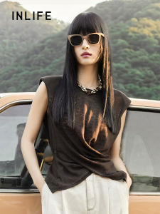 INLIFE | Ice Silk Asymmetric Sleeveless Shoulder Padded Knit Top