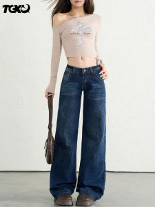 Low Waist Denim Jeans Womens 2025 New Vintage Blue Loose Brushed Design American Straight Leg Wide Leg Pants