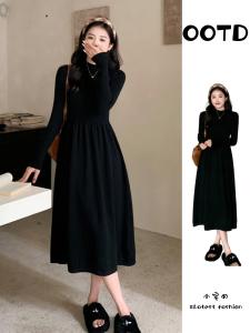 plus Size Hepburn Long Sleeve Black Knitted Dress Womens Frock Slimming Base Layer Winter Coat Dress Korean Style A-Line Skirt
