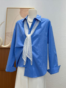 Klein Blue Womens Shirt Spring Summer Thin Design Casual Outerwear Lazy Style Mid-Length Top Korean Version Straight Cut