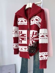 QINGNAER | Relaxed Casual Sweet Loose New 2025 Autumn Winter Red Jacquard Fair Isle Collar Long Sleeve Cardigan
