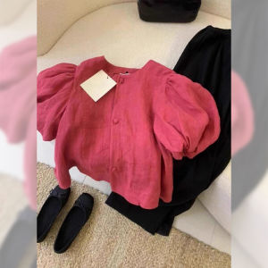 PAIBOLI | Big Size Bubble Sleeve Youthful Single Button Short Sleeve Shirt