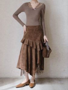 XXNING | Váy Dài A-Line Retro Pháp Viền Rút