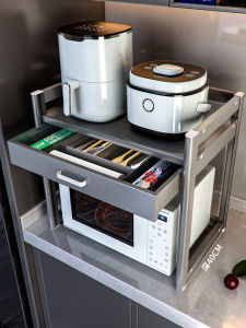 High-End Kitchen Microwave Stand with Drawer Integrated Storage Rack for Rice Cooker Counter Top Organizer Aluminum Material
