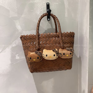 Portable Black Leather Kitty Bag Super Load-Bearing Woven Bamboo Rattan Handbag Original Design Style Casual Cartoon Pattern