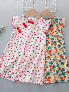 Girls Cheongsam Dress Summer Artificial Cotton Kids Fashionable Princess Strawberry Dress Tang Suit Artificial Cotton Nightdress Baby
