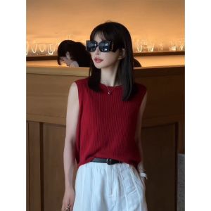 chaqi | Áo len dệt kim màu đỏ cho nữ mùa hè thiết kế mới ôm vừa vặn không tay áo khoác ngoài áo lót chất liệu cotton pha trộn