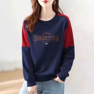 Foreign Trade Womens Clothing Big Sale Leak-Picking Artsy Color Contrast Patchwork Long Sleeves Sweatshirt Fall New Arrival Loose Pure Cotton Plus Size Tops