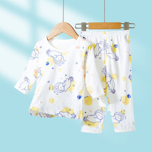 ชุดใส่ในห้องแอร์ใส่ช่วงฤดูร้อนสำหรับเด็กชายและเด็กหญิงชุดแยกชิ้นขายาวแขนยาวแบบบางสำหรับเด็กชุดนอนเด็กชุดใส่ในบ้าน