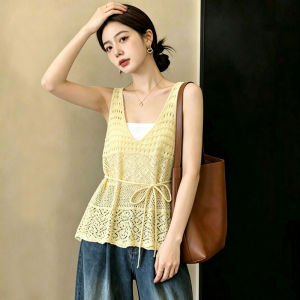 V-neck Knit Top Summer Plus Size Design Fashion Belted Hollow Out