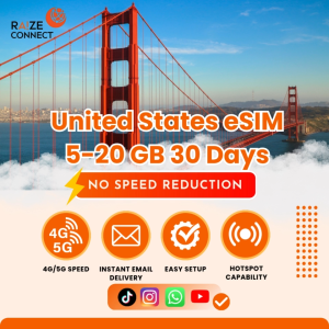 United States eSIM | 5-20GB High Speed | 30 Days Data Plan | Raize Connect