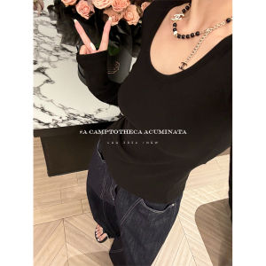 Slim Fit Long Sleeve U-Neck Base Shirt Womens Inner Wear T-Shirt White Versatile Commute Style Korean Brand LUU