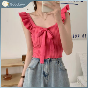 Ruffle Edge Solid Color Bow Knit Tank Top Gentle Korean Style Sleeveless Top