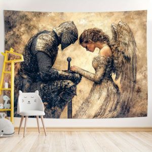 VIKAMA Thời Trung Cổ Hiệp Sĩ Áo Giáp Có Cánh Thiên Thần Thảm Vintage Giả Tưởng Treo Tường Phòng Khách Trang Trí Phòng Ngủ 100% Polyester