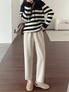 กางเกงขายาวทรงตรงผ้าคอร์ดูรอยหนาสำหรับผู้หญิงไซส์ใหญ่ในฤดูใบไม้ร่วงและฤดูหนาว กางเกงขายาวทรงหลวมเอวสูง กระเป๋า ผ้าฝ้ายผสม