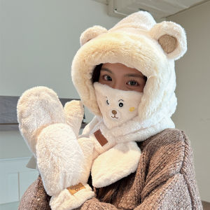 Warm Plush Bear Hat Scarf Set for Women Cute Cartoon Style Knitted Cap Neck Warmer Two-Piece Three-Piece Set for Cycling in Autumn And Winter