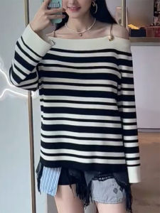 QINGNAER | Contrast Stripes Off-shoulder Long Sleeve Knitwear