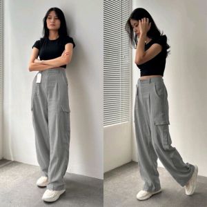 Celana Panjang Highwaist Kulot Loose Kargo Cringkle Linen Korean Style
