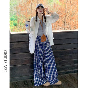 Retro Blue Plaid Loose Wide Leg Casual Pants Womens High Waist Spring New Style Comfortable Slimming Walking Long Trousers