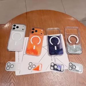 2 in 1 Magnetic Liquid Quicksand Lens Protector & Phone Case for IPhone 17 Pro Max 17Pro 17ProMax MagSafe Mac Safe Flowing Cover