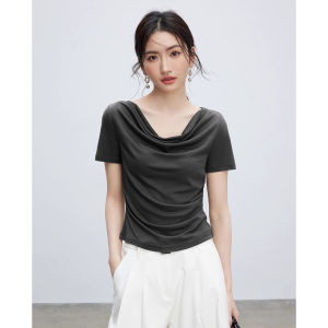 Áo Thun Nữ Tay Ngắn Mùa Hè Màu Xám Ôm Vừa Vặn Cổ Chéo Ba Chiều Xếp Ly Chất Liệu Viscose Thường Ngày