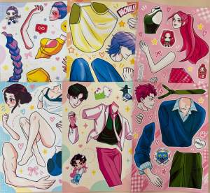 Bộ sticker trang phục anime với các nhân vật hoạt hình bao gồm áo sơ mi quần jean váy áo khoác vest cà vạt giày dép và phụ kiện phù hợp cho trang trí và sáng tạo.