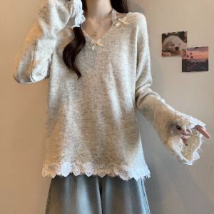 Light Green Cashmere Knitted Sweater V-Neck Hanging Neck Womens Autumn Clothes plus Size Lace Flower Edge Top