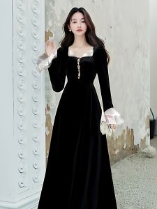 Elegant Black Velvet Dress Hepburn Style Long Evening Gown for Important Occasions French Style High Waist A-Line Skirt