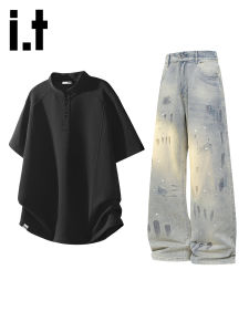 izzue | High Street Summer Leisure Suit Washed Denim Shorts Thin Short Sleeve T-shirt Two-piece