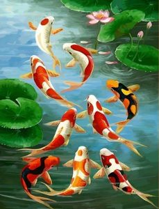 5D DIY Color Koi Fish Lotus Pond Diamond Painting Traditional Lucky Aquatic Floral Art Scenery for Living Room Decor & Gift