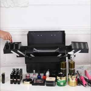 กระเป๋าใส่เครื่องสำอางค์ มีหูหิ้วและตัวล็อคกระเป๋า กล่องช่างแต่งหน้าอลูมิเนียม ชั้นวางเครื่องสำอาง พกพาได้
