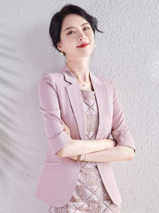 Pink Suit Jacket Women Summer Thin Seven Sleeve Casual High-End Feeling West Skirt Short Length Button up Pure Color Polyester