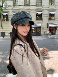 Washed Denim Octagonal Hat Fashionable Small Audience Painter Cap Newsboy Hat Face Slimming Womens Hat Casual Style Wide Brim