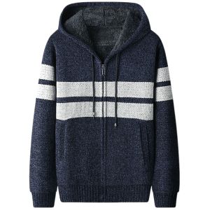HENGYUANXIANG | Mens Fleece Lined Thickened Hooded Zipper Sweater Cardigan Striped Knitted Warm Outerwear Casual Loose Fit Polyester Fiber